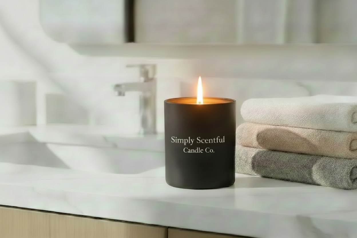 Black candle with Simply Scentful Candle Co label